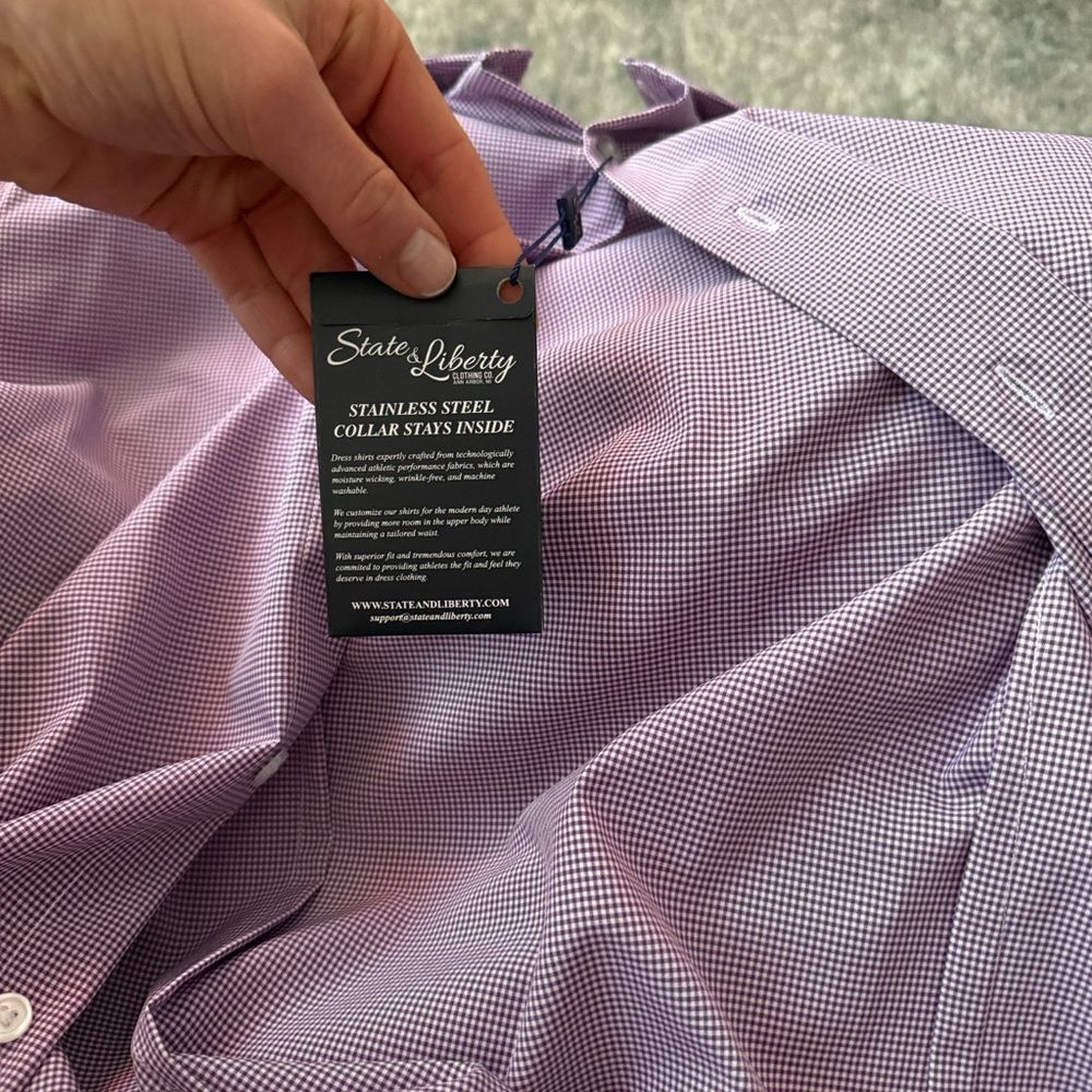 NWT State Liberty Mens Purple Checkered Athletic Fit Dress Shirt Sz M - Picture 7 of 7
